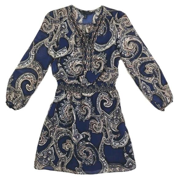 White House Black Market ~Woman Size 00Petite~Blue Paisley Print LS Dress Sheer. - Picture 5 of 14
